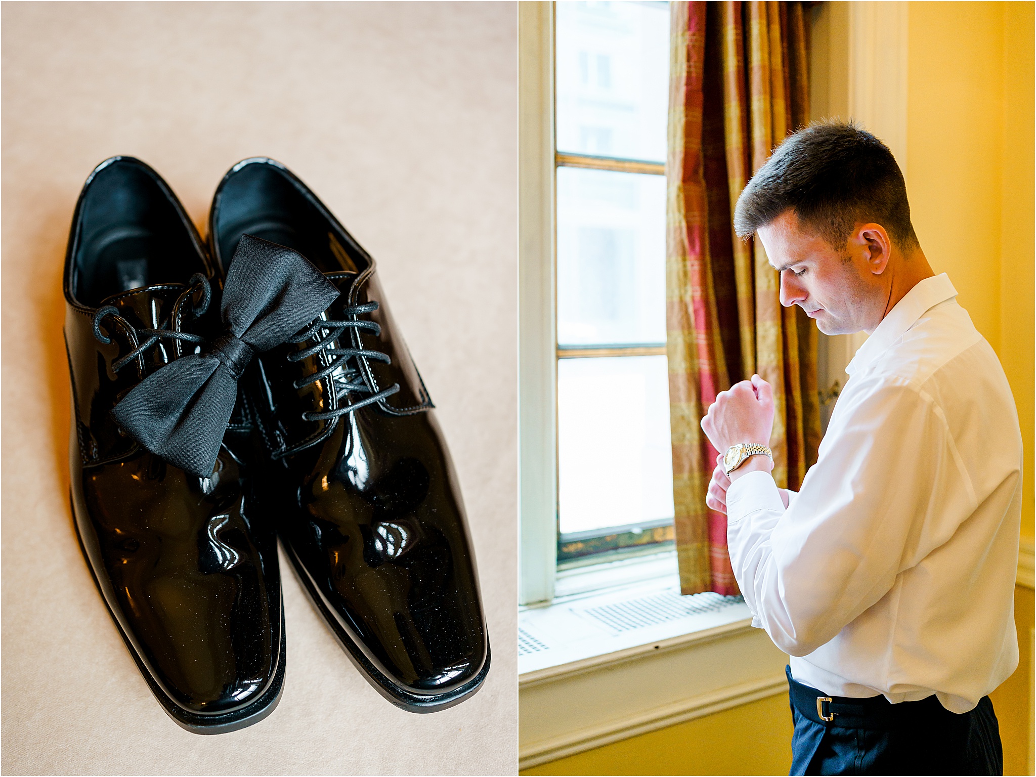 A Fairmont Copley Wedding Photo Collage. The first image shows the groom's shoes and bowtie. The second image includes the groom putting on a watch while facing the window.