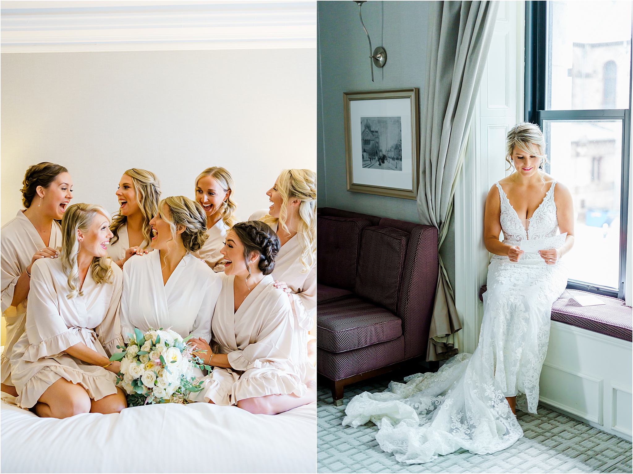 A Fairmont Copley Wedding Photo Collage. The first image shows bridemaids laughing on the bed wearing matching robes. The second image shows the bride reading a letter from the groom while sitting on a windowsill in her Fairmont Copley room.