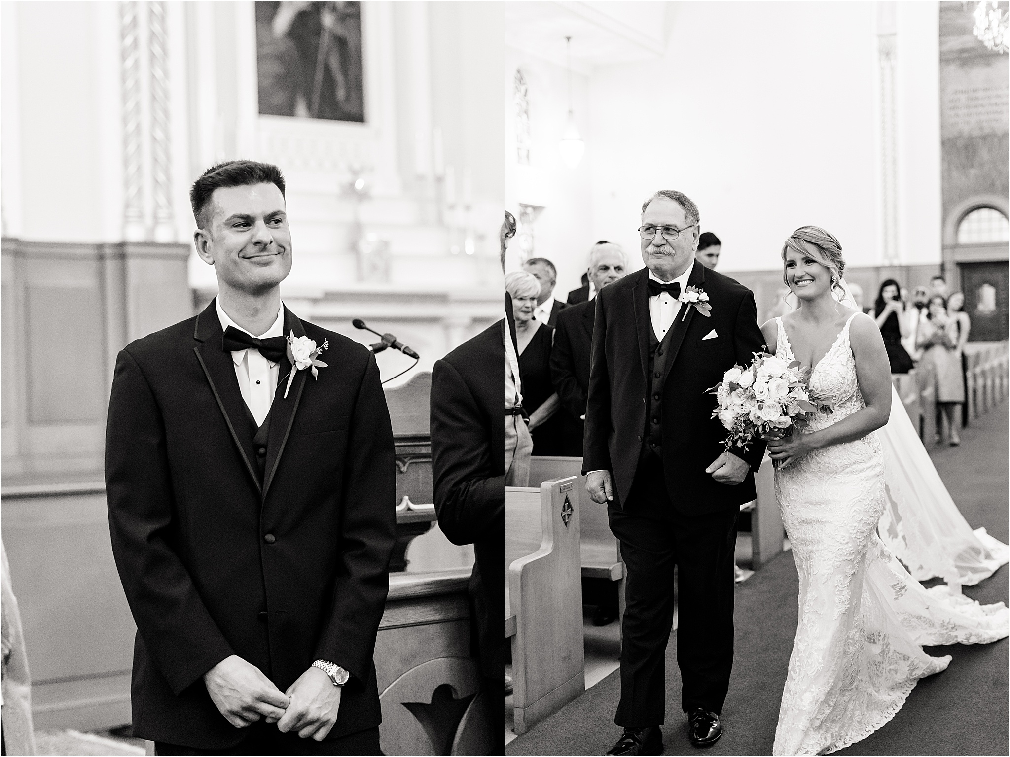 A Fairmont Copley Wedding Photo Collage. The first image shows the groom smiling and tearing up. The second image shows the bride walking down the aisle smiling and holding her father's arm.