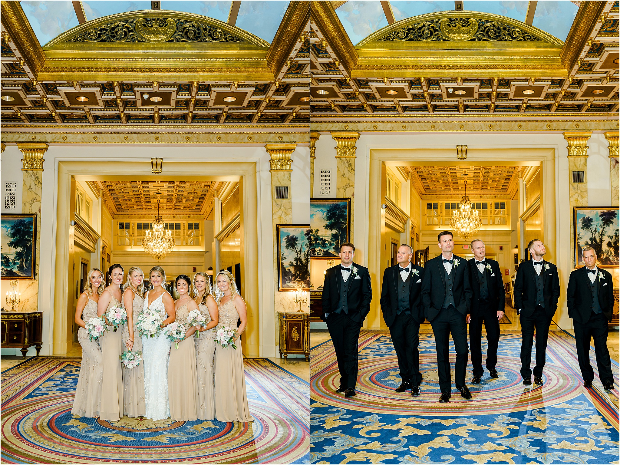 A Fairmont Copley Wedding Photo Collage. The first image shows the bride lined up with her bridesmaids in the lobby of the Fairmont Copley. They are wearing tan dresses and holding bouquets, and you can see the stunning architecture, gold accents, and blue ceiling at the Fairmont Copley. The second image shows the groom walking with his groomsmen in tuxes. 