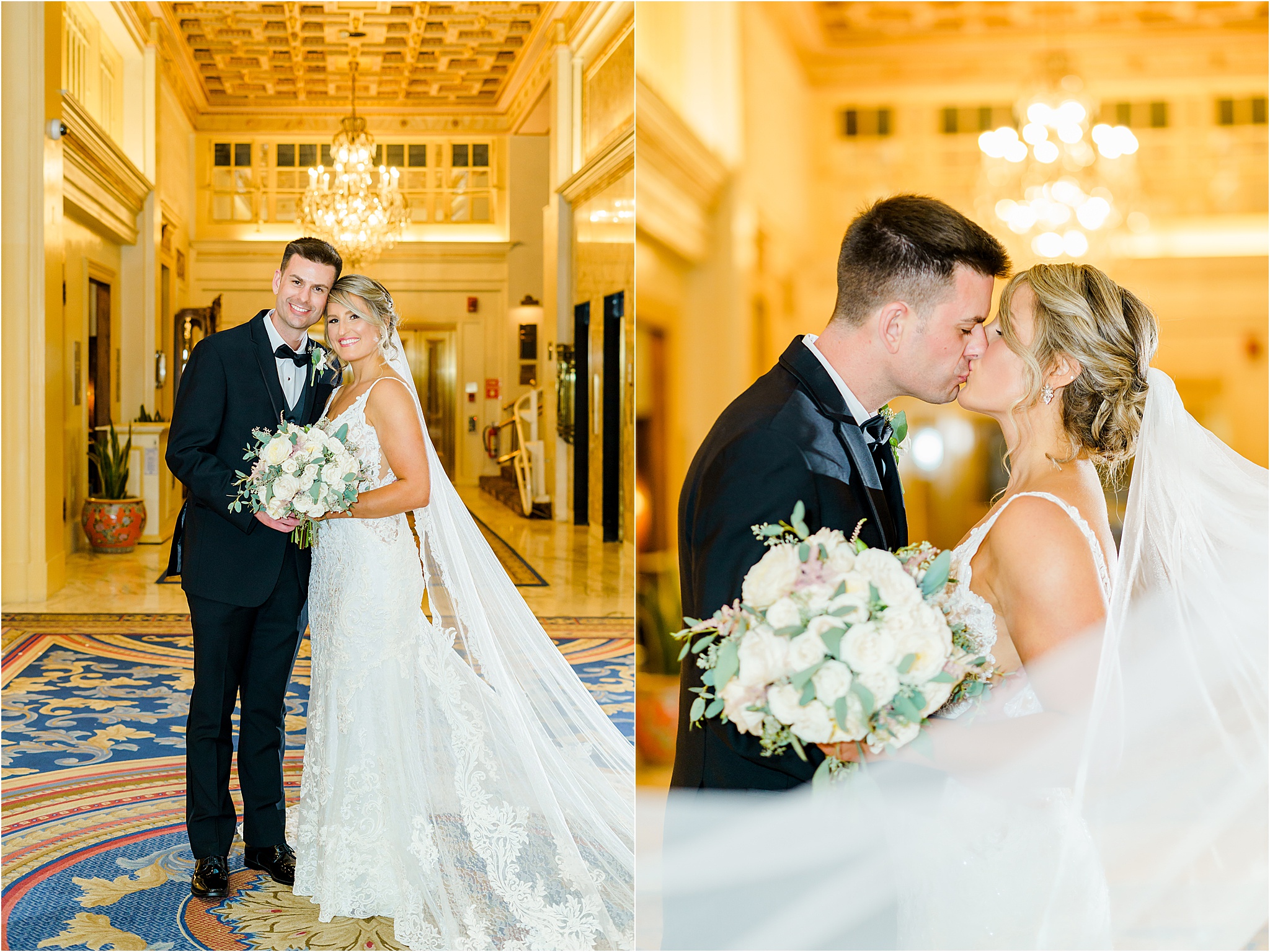 A Fairmont Copley Wedding Photo Collage. The first image shows the couple posing and smiling for a portrait. The second photo features the couple kissing with the bride's veil wrapping around them towards the camera.