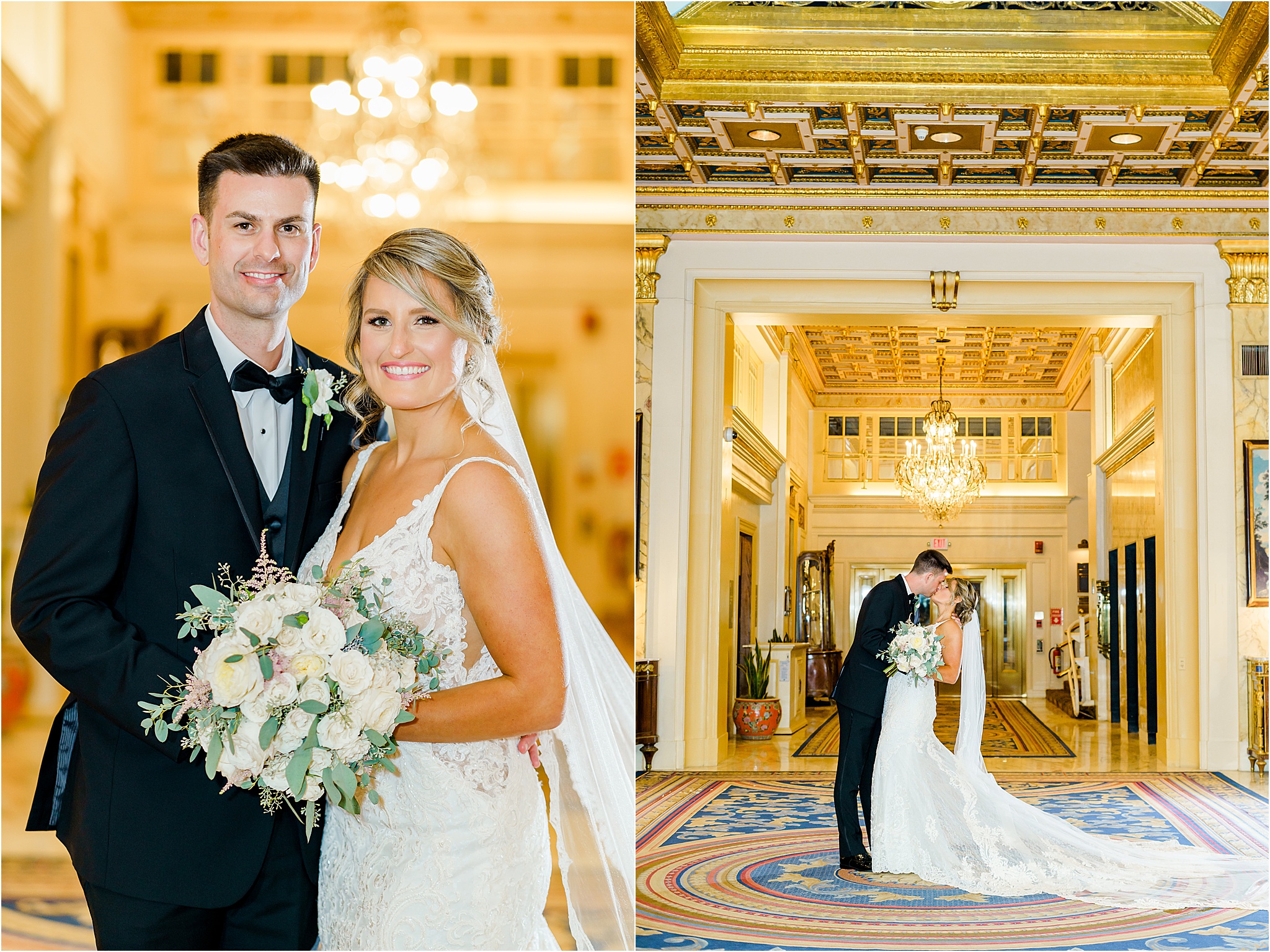 A Fairmont Copley Wedding Photo Collage. The first image shows a close up of the couple posing and smiling for a portrait. The second image shows the cgroom dipping the bride and kissing her while they are surrounded by the golden architecture of the Fairmont Copley.