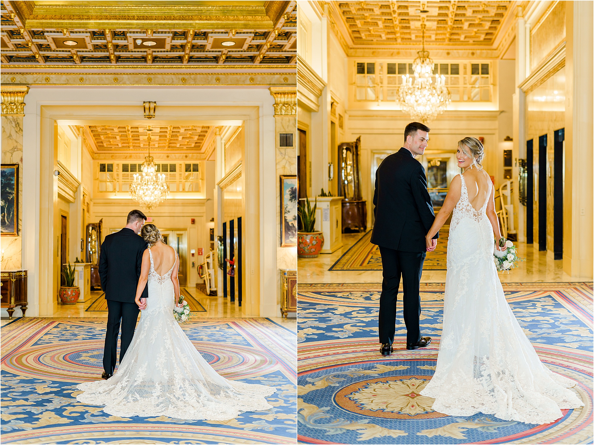 A Fairmont Copley Wedding Photo Collage. The first image shows the couple facing away holding hands, with the bride leaning her head on the groom's shoulder. The second image shows the couple walking away from the camera while the bride looks over her shoulder and smiles at the camera.