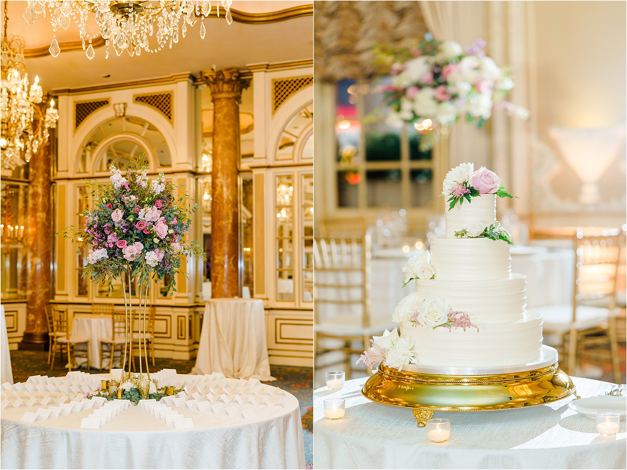 A Fairmont Copley Wedding Photo Collage. The first image shows a pink, green, and white tall floral arrangement on a round table with placecards lined up on it. The second photo shows a four tier white wedding cake adorned with pink and white roses.