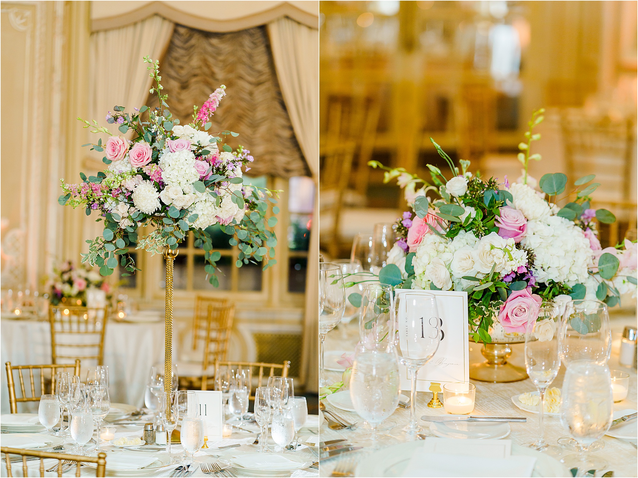 A Fairmont Copley Wedding Photo Collage. The first image shows a tall floral centerpiece with pink and white roses and greenery. The second photo shows a smaller floral arrangement centerpiece in a gold bowl.