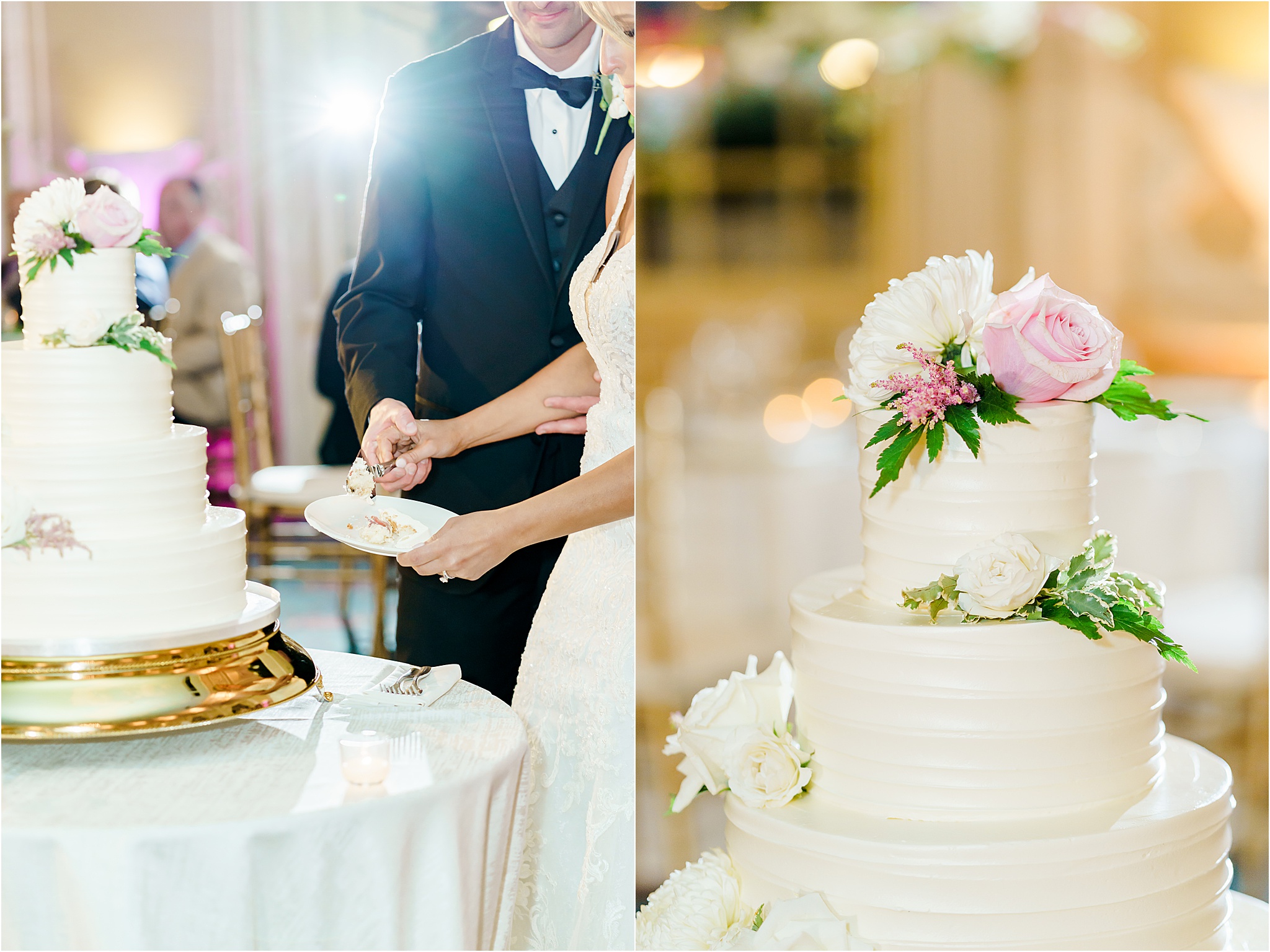 A Fairmont Copley Wedding Photo Collage. The first image shows the couple cutting into their wedding cake. The second image shows a close up of the top three tiers of the wedding cake with flowers on top.