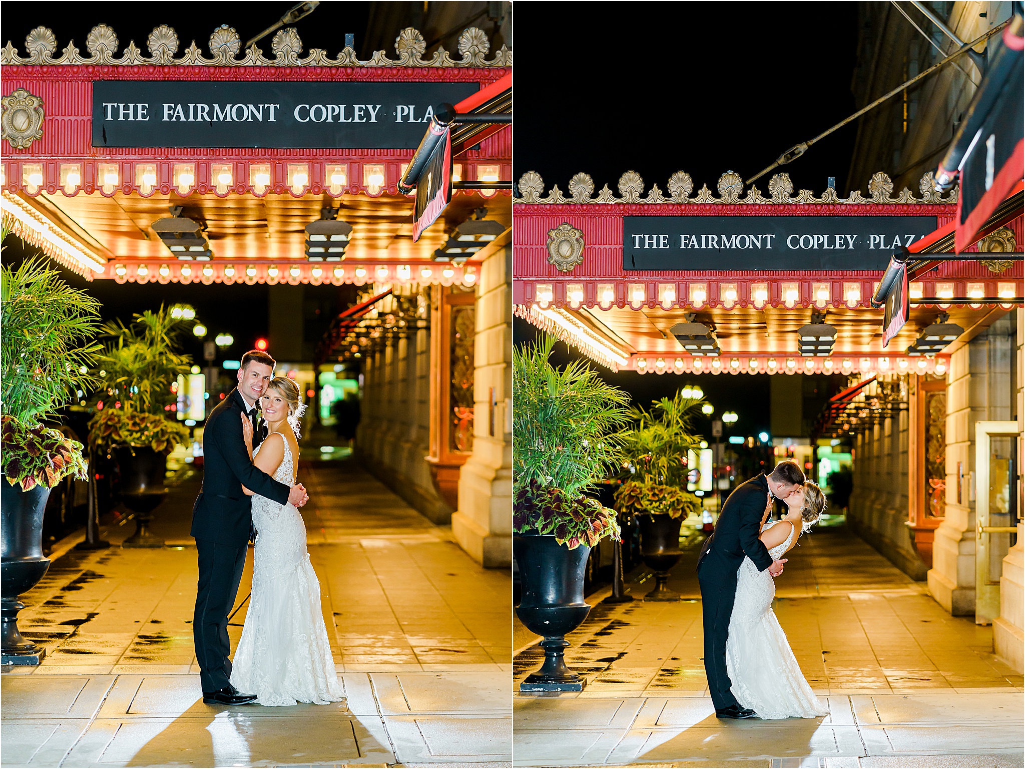 A Fairmont Copley Wedding Photo Collage. The first image shows the couple posing for a nighttime portrait while smiling at the camera and holding each other under the Fairmont Copley Boston sign and overhang. The second photo shows the couple in the same spot while the groom kisses and dips the bride backwards.