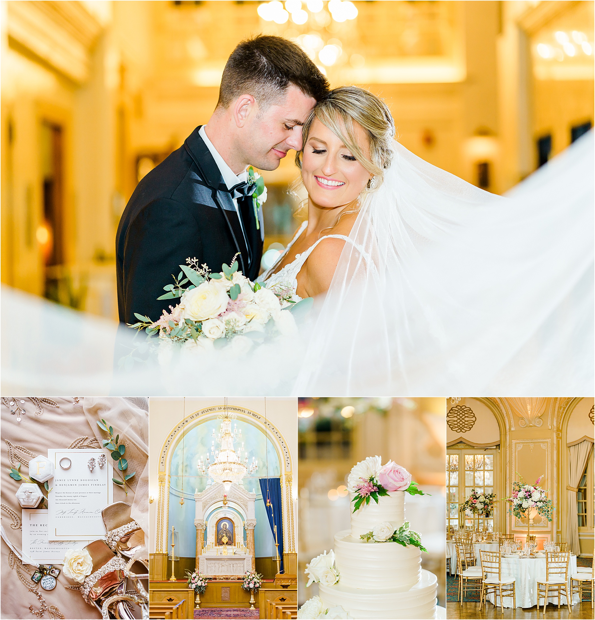 A photo collage featuring a groom holding and nuzzling a bride while she laughs. Below them is a collage of detail images from their Fairmont Copley Wedding.